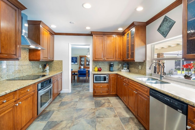 7420 SW 145th Ter, Palmetto Bay, FL 33158 - kitchen with sink, ornamental molding, stainless steel appliances, light stone countertops, and wall chimney exhaust hood