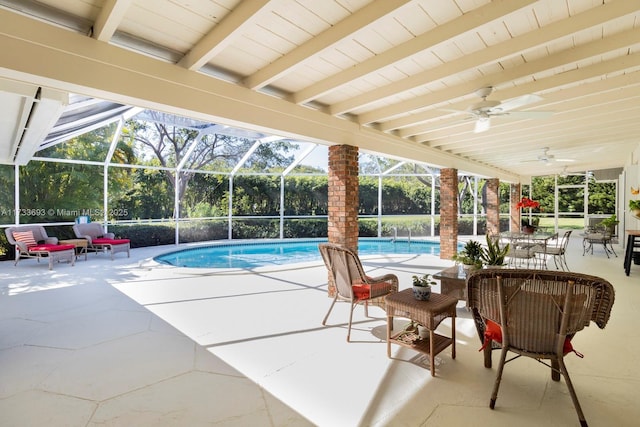 7420 SW 145th Ter, Palmetto Bay, FL 33158 - view of swimming pool featuring ceiling fan, a patio, and glass enclosure