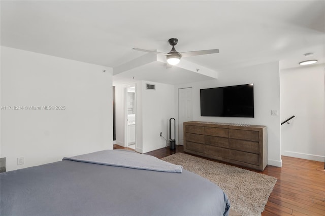 bedroom with hardwood / wood-style flooring, a closet, and ceiling fan