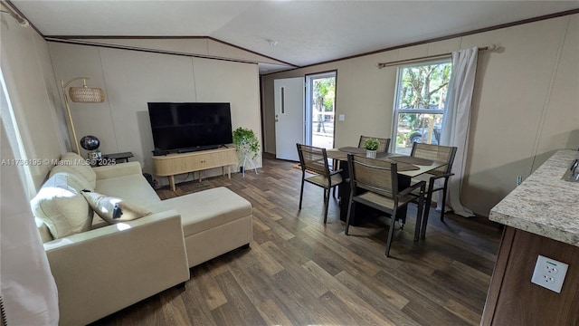 living room featuring lofted ceiling, dark wood-type flooring, and ornamental molding