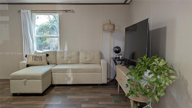 living room with dark wood-type flooring and crown molding