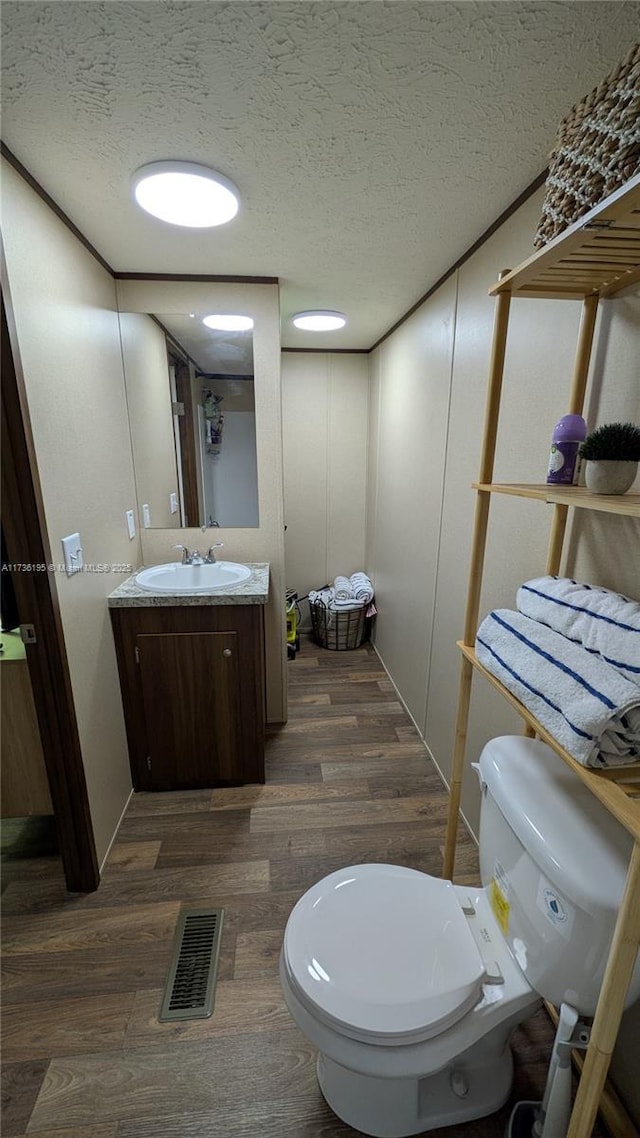 bathroom featuring vanity, toilet, and a textured ceiling