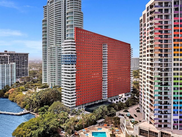 view of building exterior with a water view