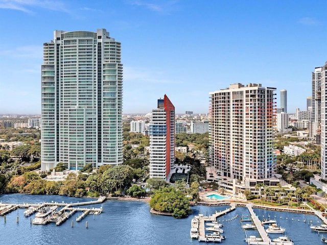 property's view of city featuring a water view