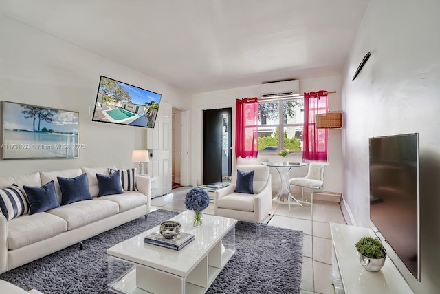 tiled living room with an AC wall unit and baseboards