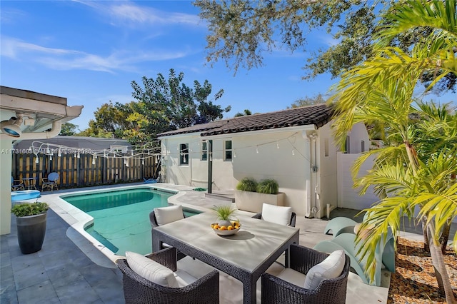 view of pool featuring a patio, a fenced backyard, and a fenced in pool