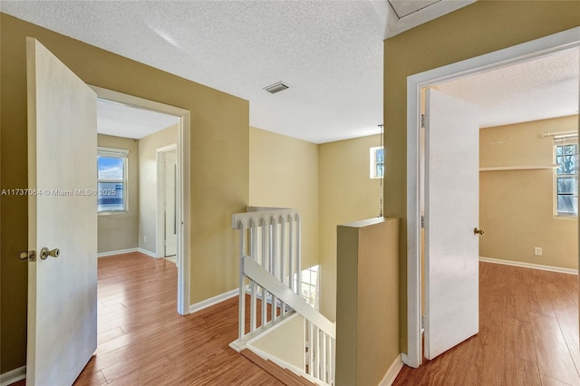 hallway with hardwood / wood-style flooring, a wealth of natural light, and a textured ceiling