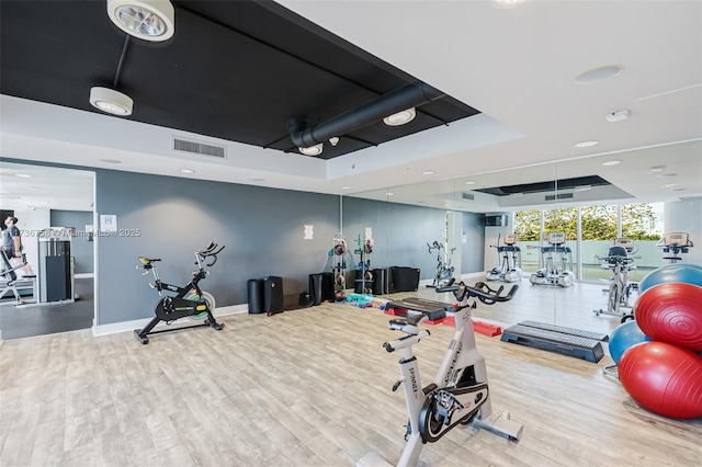 workout area with a raised ceiling and hardwood / wood-style floors