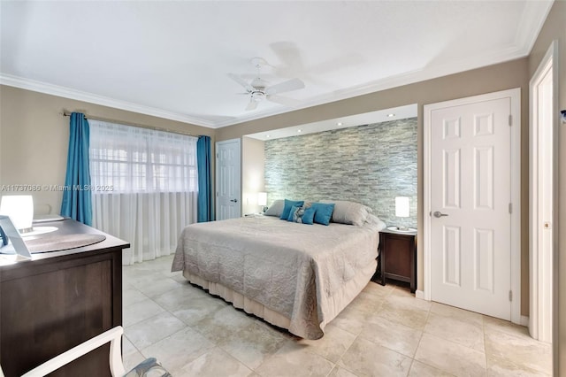 bedroom with crown molding, ceiling fan, and light tile patterned flooring