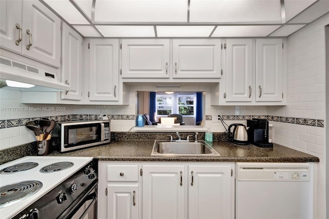 kitchen featuring sink, white cabinetry, electric range oven, white dishwasher, and backsplash