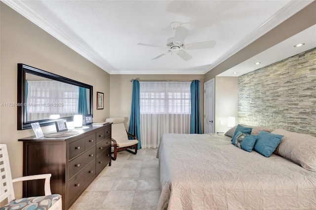 tiled bedroom featuring ceiling fan and ornamental molding