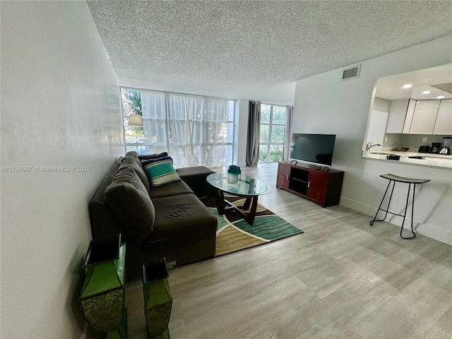 1000 Parkview Dr Unit 202, Hallandale Beach, FL 33009 - living room featuring baseboards, light wood-style flooring, visible vents, and a textured ceiling