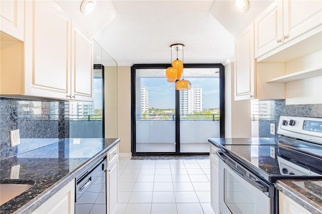 kitchen featuring white cabinetry, dishwasher, stainless steel range with electric cooktop, hanging light fixtures, and light tile patterned floors