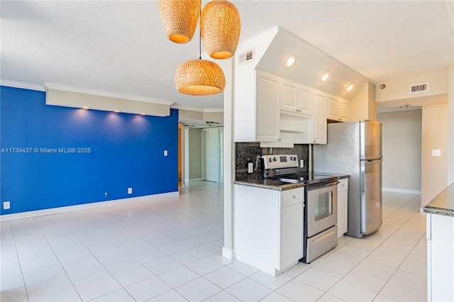 kitchen with crown molding, decorative light fixtures, stainless steel appliances, and white cabinets