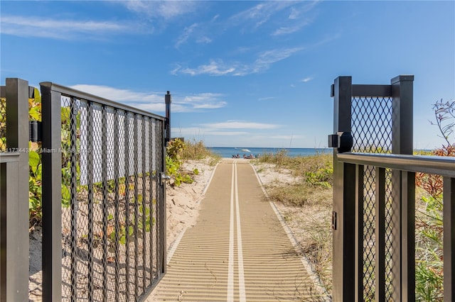 view of home's community with a beach view and a water view