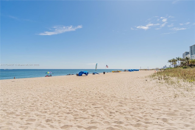 view of water feature with a beach view