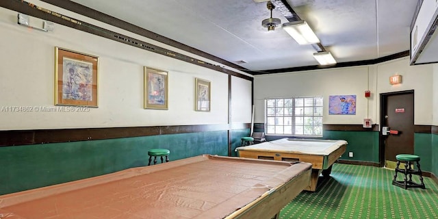 rec room with billiards and carpet flooring