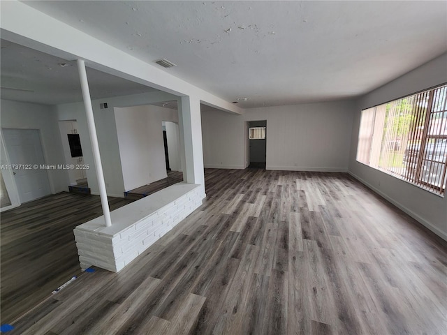 unfurnished living room with dark hardwood / wood-style flooring