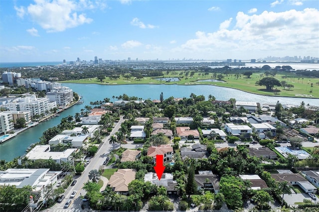 aerial view featuring a water view