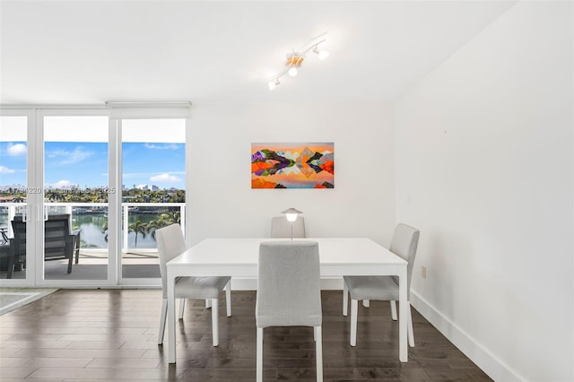 dining space with a water view, expansive windows, and dark hardwood / wood-style floors