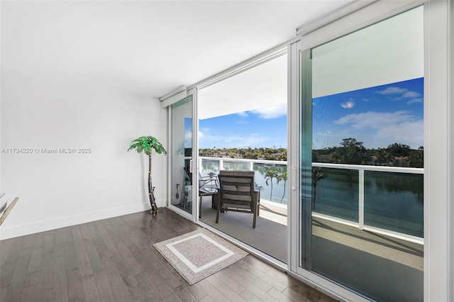 doorway to outside with dark hardwood / wood-style flooring and floor to ceiling windows