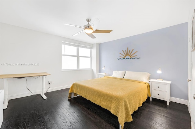 bedroom featuring dark hardwood / wood-style flooring and ceiling fan