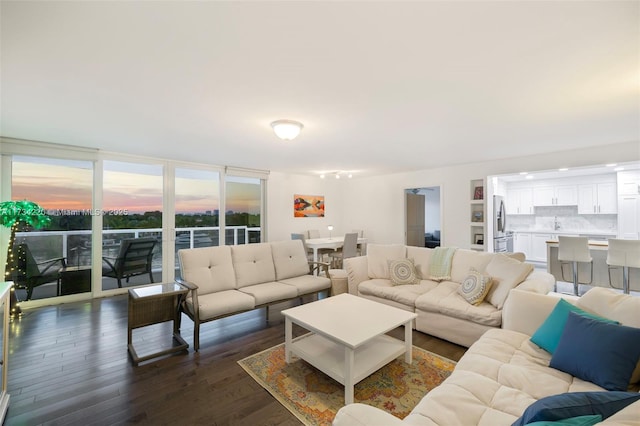 living room with a wall of windows and dark hardwood / wood-style flooring