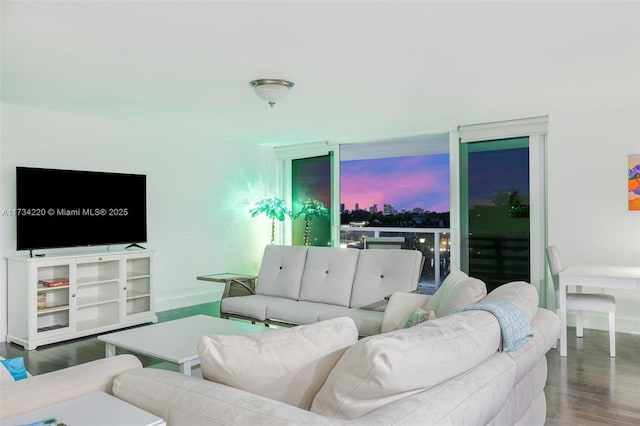 living room with dark hardwood / wood-style flooring