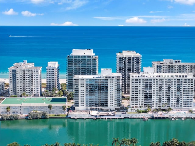 birds eye view of property with a water view