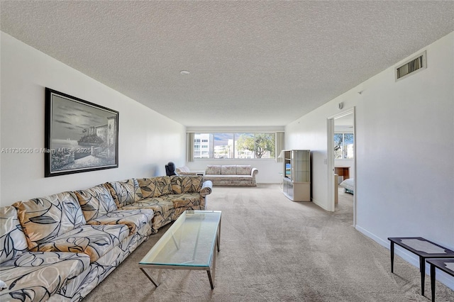 living room featuring light colored carpet and a textured ceiling