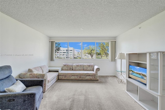 carpeted living room with a textured ceiling