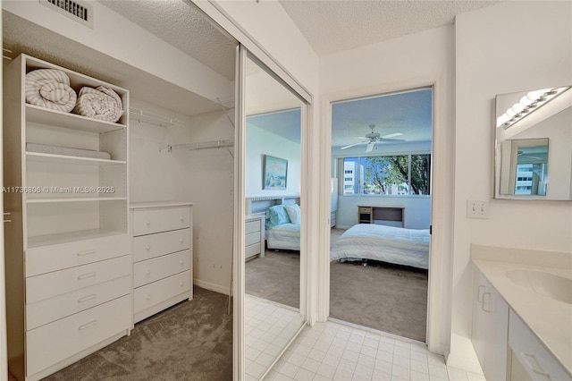 walk in closet with light carpet and sink