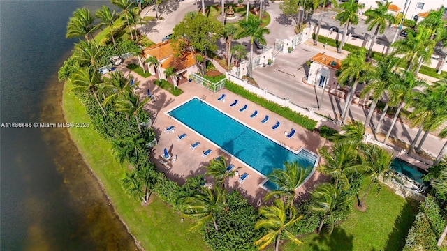 aerial view featuring a water view