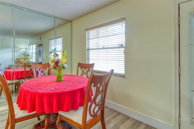 dining area with a textured ceiling and light hardwood / wood-style flooring