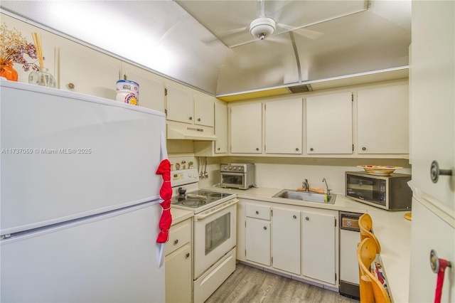 kitchen with ceiling fan, sink, white appliances, and light hardwood / wood-style flooring