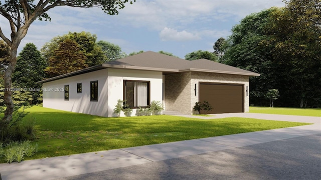 view of front of house featuring a front lawn, an attached garage, driveway, and stucco siding