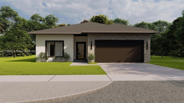 view of front of home featuring a front lawn, decorative driveway, a garage, and stucco siding