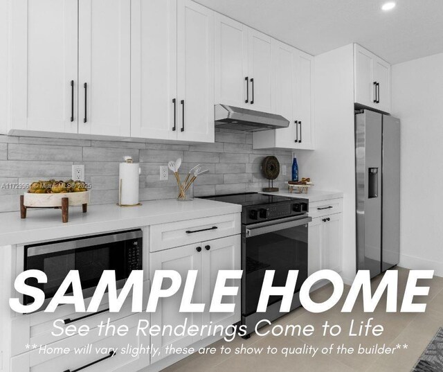 kitchen with white cabinetry, range with electric cooktop, tasteful backsplash, built in microwave, and stainless steel fridge with ice dispenser