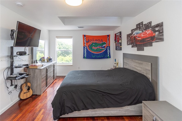 bedroom featuring dark hardwood / wood-style floors and a tray ceiling