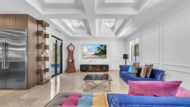 living room with crown molding, coffered ceiling, and beam ceiling