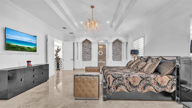 bedroom with decorative columns, crown molding, a raised ceiling, and a notable chandelier