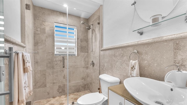 bathroom featuring tile walls, vanity, a shower with door, and toilet