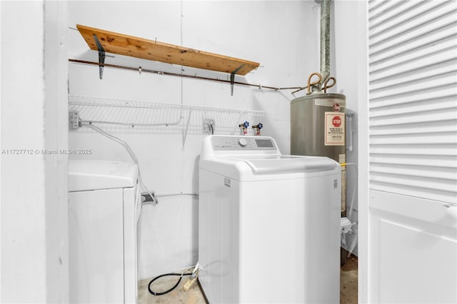 laundry area with washing machine and clothes dryer and water heater