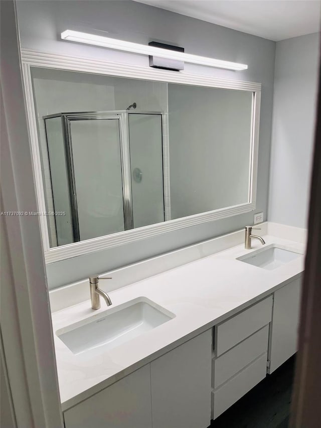 bathroom featuring vanity and a shower with shower door