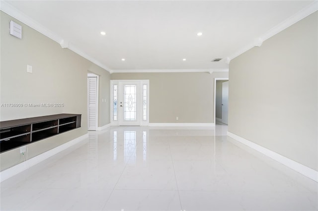 unfurnished living room featuring ornamental molding