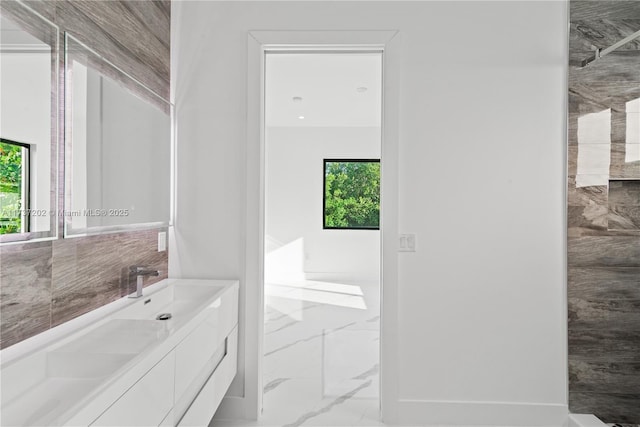 bathroom with vanity, a wealth of natural light, and walk in shower