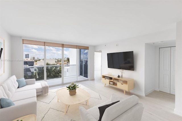 living room featuring expansive windows and light hardwood / wood-style floors