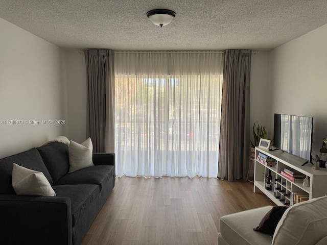 living room featuring light hardwood / wood-style flooring and a textured ceiling