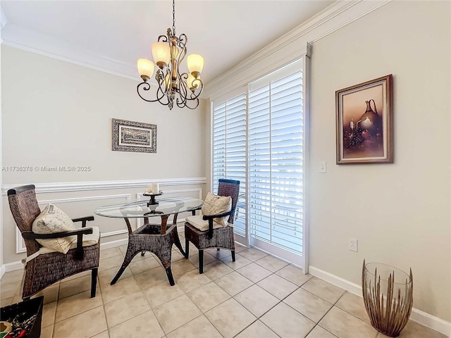 living area with crown molding, plenty of natural light, an inviting chandelier, and light tile patterned floors