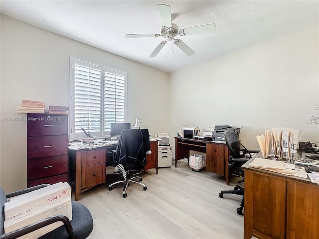 office with a textured ceiling, light hardwood / wood-style flooring, and ceiling fan